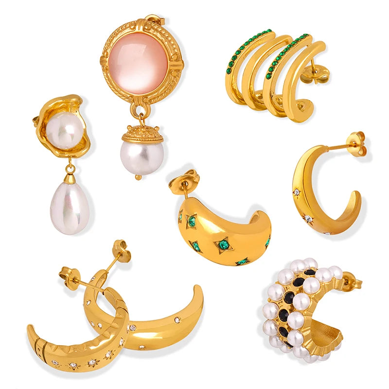 Zirconia Hoops Earrings Gold Plated Huggies Resin Earrings Pearl Design Popular Hot Selling Stainless Steel Wholesale Supplier