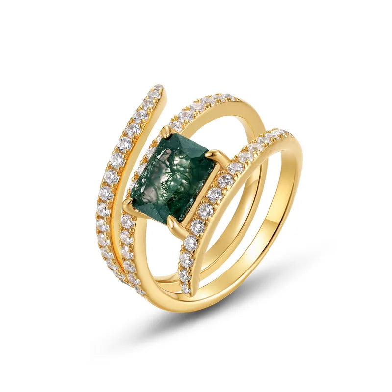 18k Gold Plated 925 Sterling Silver Cz Diamond Green Moss Agate Half Wrap Pave Women Yellow Gold Ring