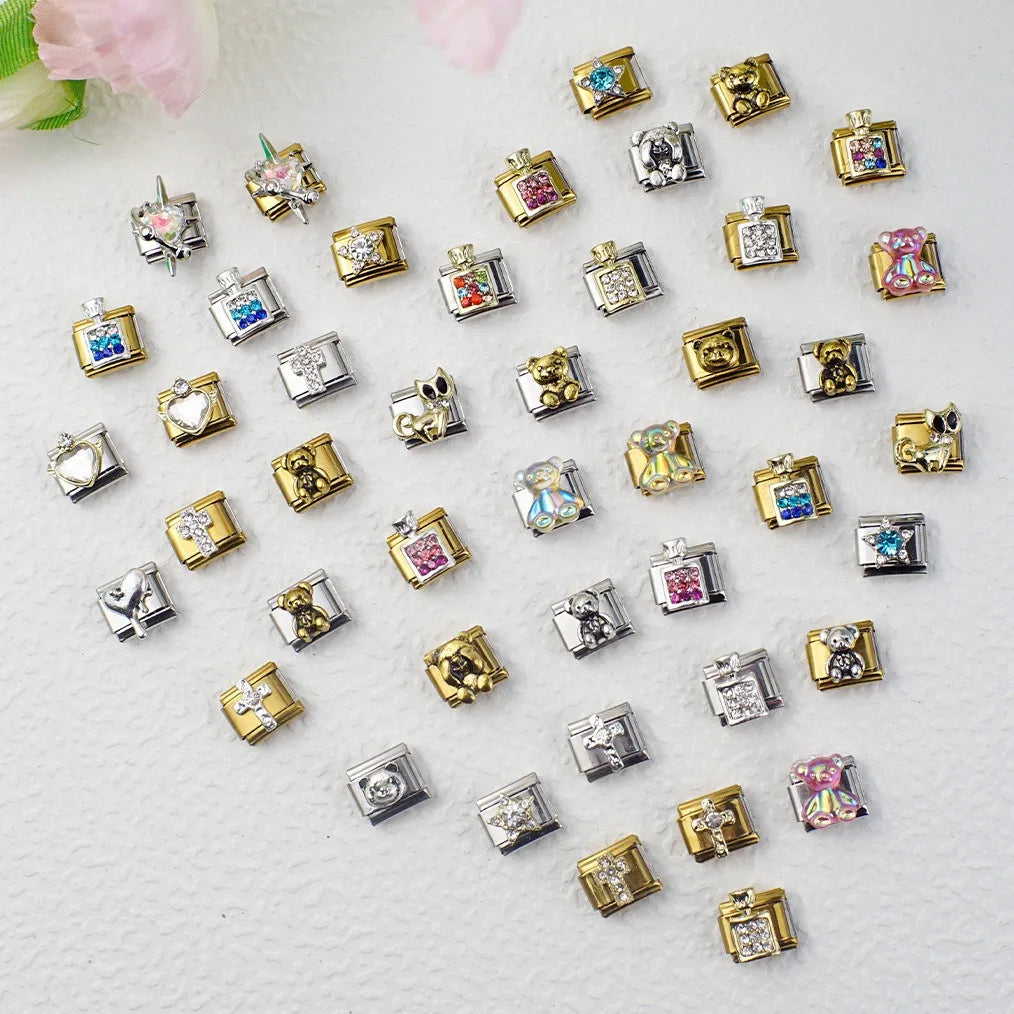 2025 DIY Personalized Shining Classic Bear Cross Perfume Heart 304 Stainless Steel Italian Charm Bracelet 9mm * 10mm Module