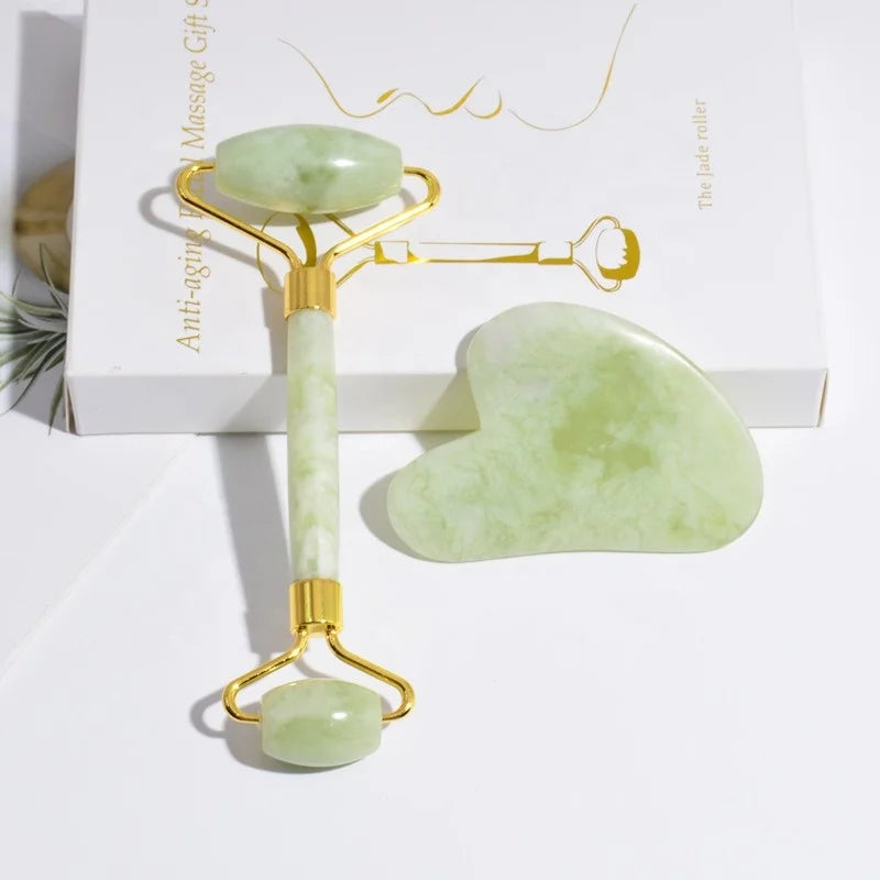 Xiuyan Jade Roller Gua Sha Set Straight Handle Xiujan Jade Gua Sha and Roller Set Facial Massage Roller Organic Face Beauty