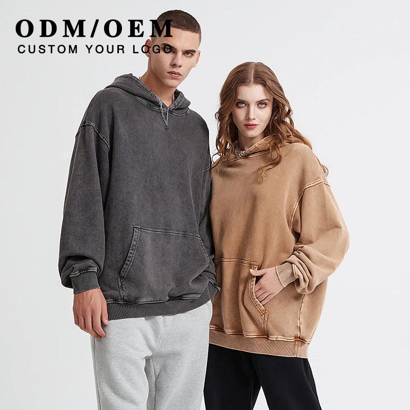 Men's Custom Hoodie Sweatshirt Plain Oversized Blank Hoodies Bulk Cotton Pullover Vintage Stone Acid Washed Hoodie
