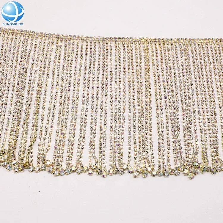 Factory Price AB Rhinestone Tassel Chain Gold Plated Metal Fringe Crystal Trimming for Women Apparel Bags Shoes Diy Accessories