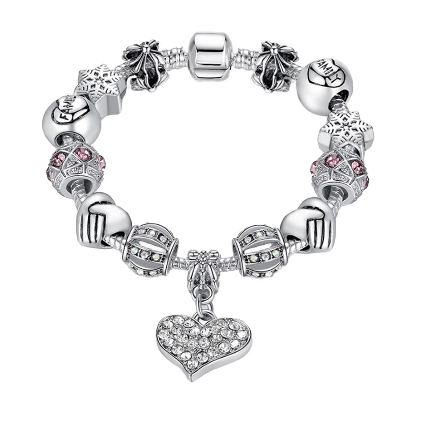 Ladies Fashion Silver Bracelet with Snowflake Love Pendant Crystal Charm Bracelet for Women