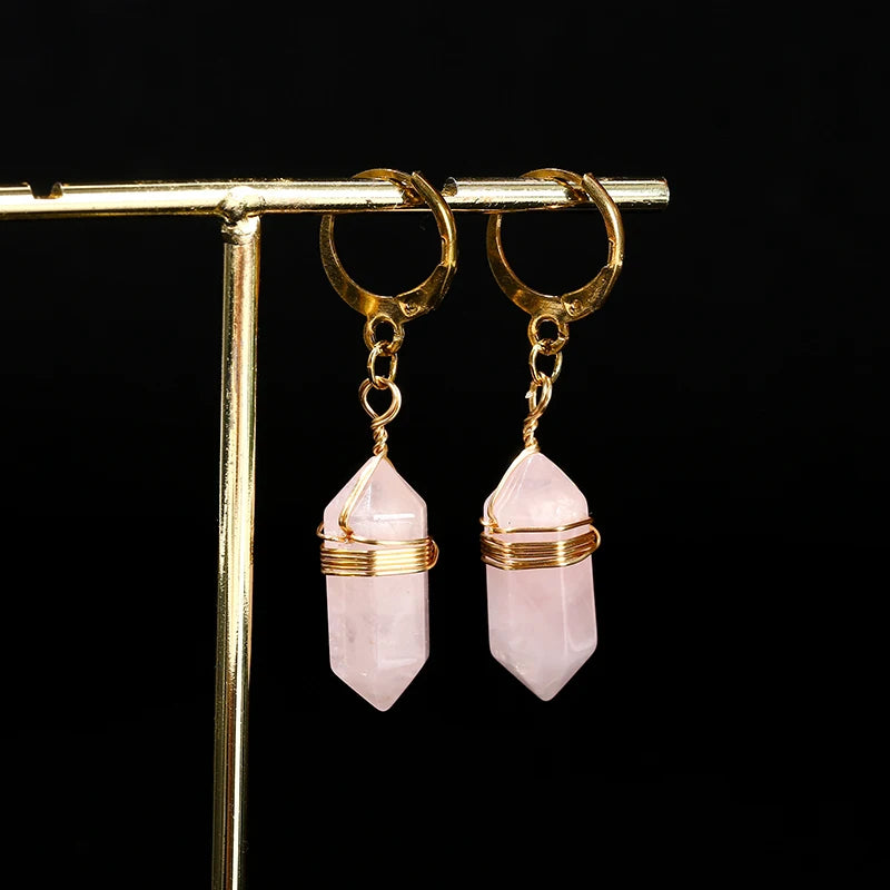 JD GEMS Wholesale 20*8mm Natural Crystal Earrings Amethyst Pink Quartz Materials Pendant Necklace Natural Stone Fashion Jewelry
