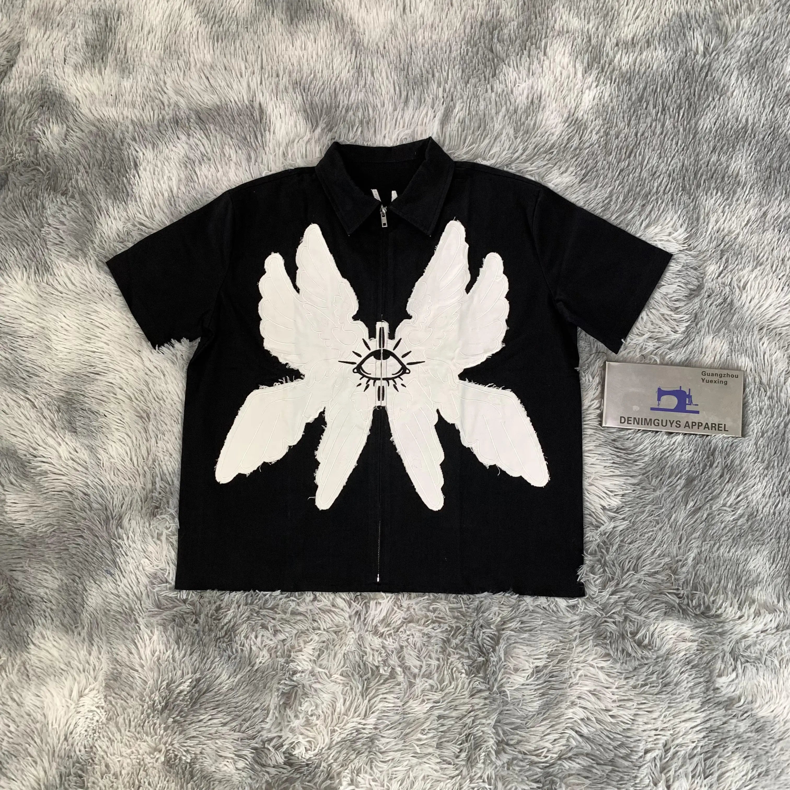 DENIMGUYS Fashion Men's Shirts Patch Embroidery Applique Cotton Zip up Short Sleeve T-Shirt for Men