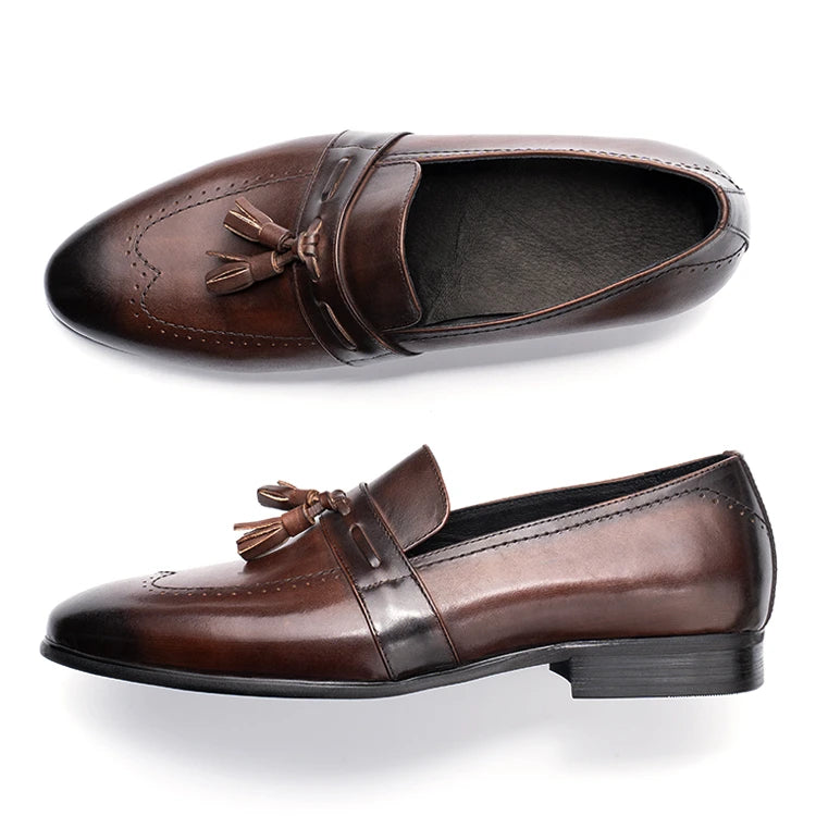 Custom British Retro Men Loafers Pointed Formal Dress Shoes Genuine Leather Anti-Slip Slip-On Winter Autumn Casual Daily Wear