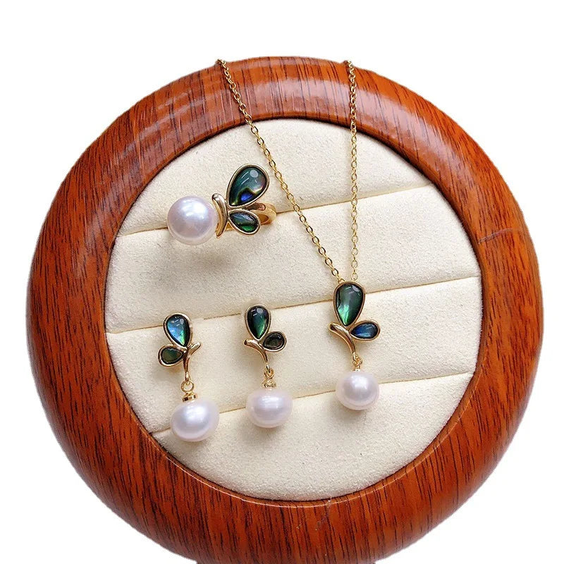 Colorful Mother of Pearl Wing Design Freshwater Pearl Earrings Necklace Ring Set Shell Butterfly Women Pearl Jewelry Set