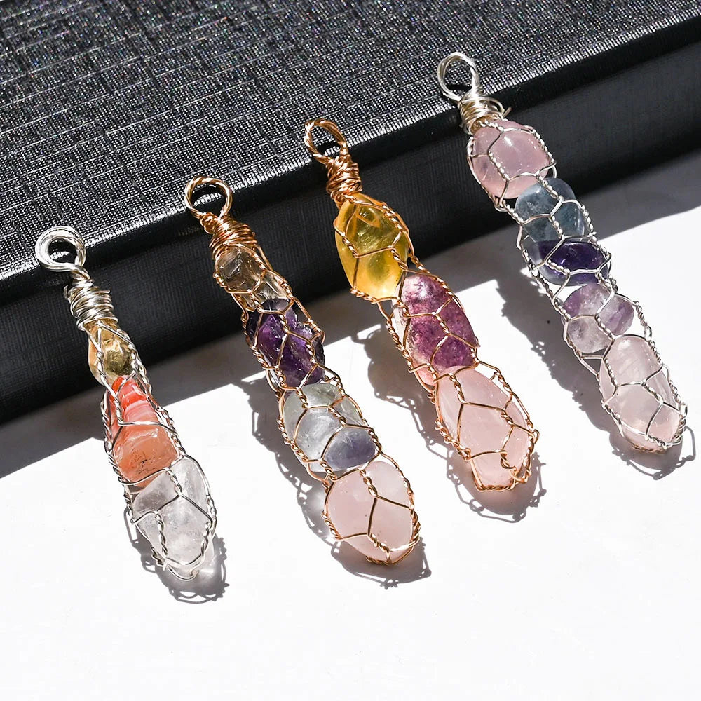 Irregular Natural Rose Crystal Tumbled Stones Wrapped Amethyst Pendant for Jewelry Making Diy Necklace