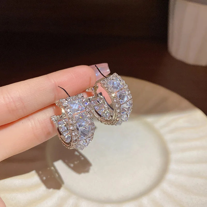 S925 Silver Needle Full Diamond Flower Earrings 18k Gold Plated Shiny Zircon C-Shape Hoop Earrings Crystal Rhinestone Earring