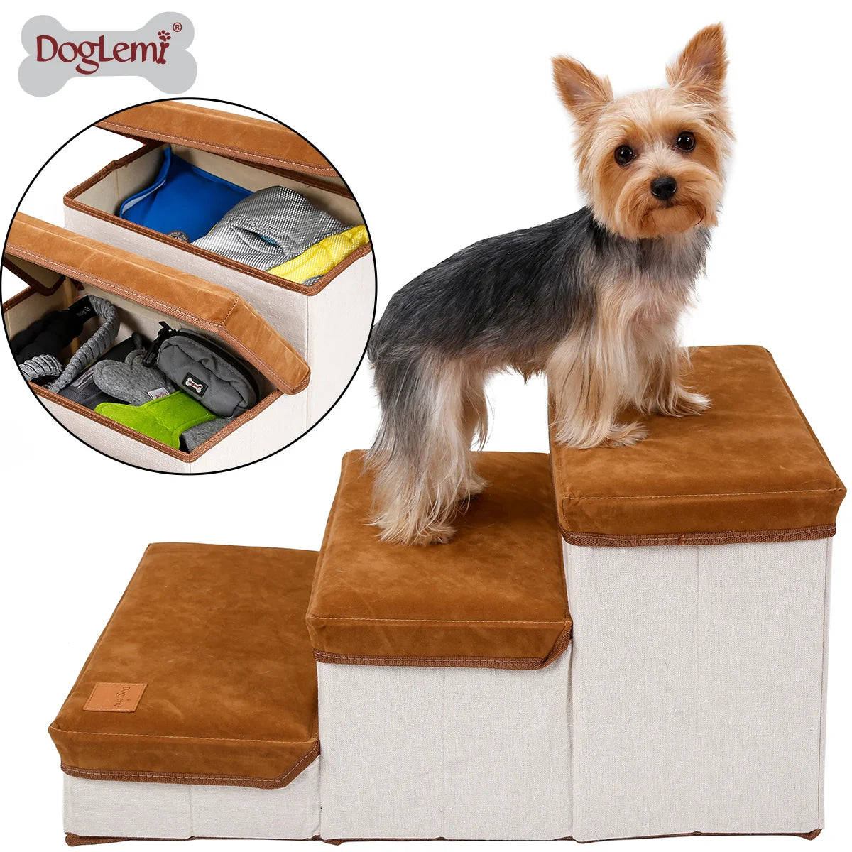 Luxury 3-Step Folding Dog Puppy Ramp Ladder Stylish Animal Pet Stairs with Storage Box Foldable Bed Accessory