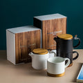 Nordic Antique Designer Wood Cover Coffee & Tea Cups Set Stainless Steel Stainer Gift Box Elegant Ceramic Pot Set for Gifting