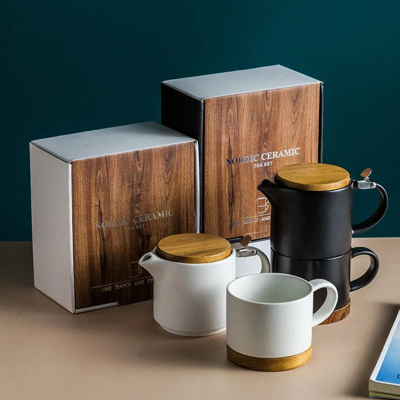 Nordic Antique Designer Wood Cover Coffee & Tea Cups Set Stainless Steel Stainer Gift Box Elegant Ceramic Pot Set for Gifting