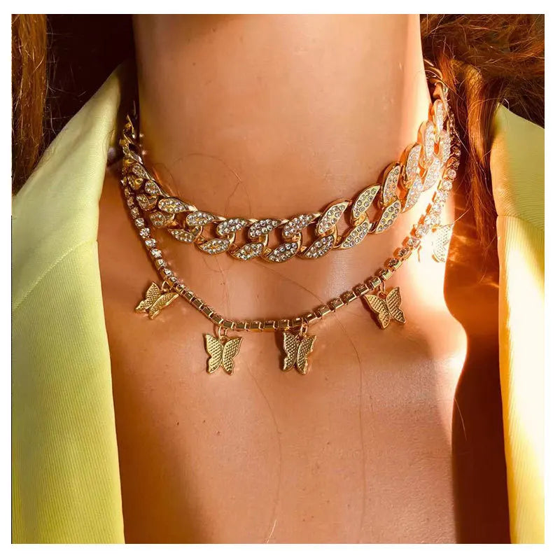 Luxury Shining Crystal Tennis Butterfly Choker Necklaces for Women Gold Silver Color Bling Rhinestone Chain Necklaces Jewelry