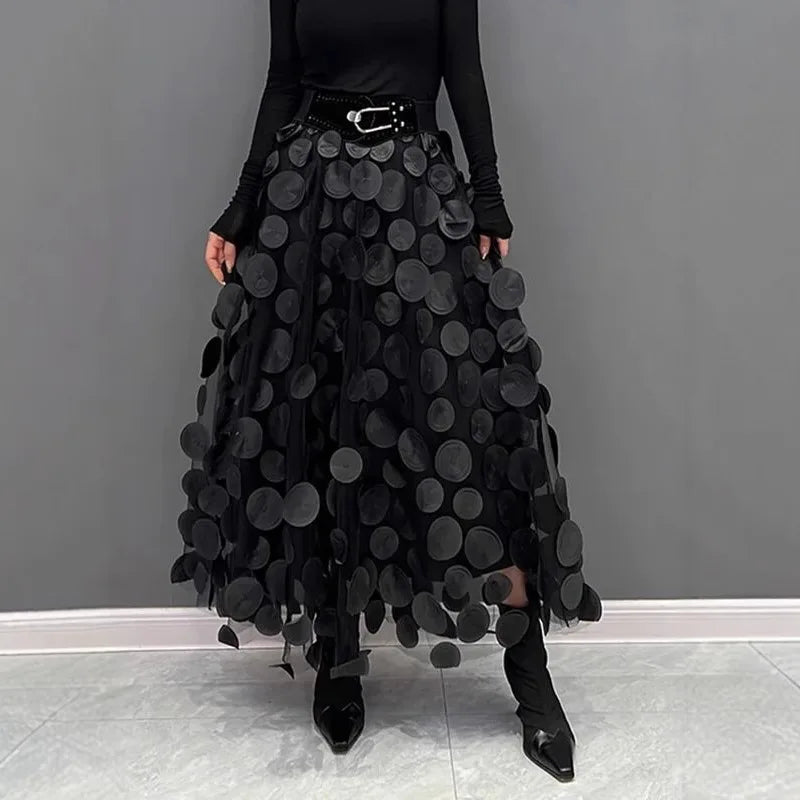 Women's 3d Polka Dotted Mesh Skirt Black Vintage a Line Skirts Elegant Female Half Length Skirt High Waist Casual Summer Dresses