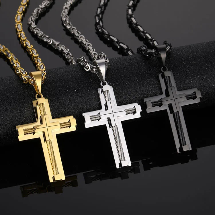 2024 Big Cross Necklace 18k Gold Plated Stainless Steel Cross Wire Rope Large Pendant Man Hip Hop Style Necklace