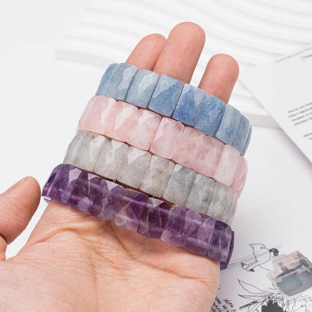 Gemstone Faceted Bracelet 14mm Faceted Oval Rectangle Shape Beads Crystal Rock Elastic Bangle Bracelets for Men Women