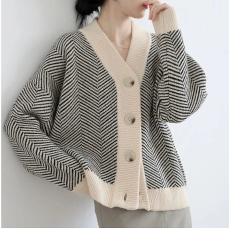 Autumn Vintage Knitted Cardigan for Women Striped Idle Style Thick Coarse Yarn All-matching Outer Wear Sweater