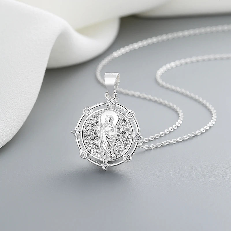 Fashionable Cubic Zirconia Catholic Islam Silver Chain Pendant Necklace 925 Silver Sterling Engraved Lock Pendant