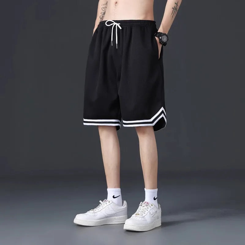 Men's Summer Ice Silk Hot Shorts Quick-Drying Breathable Mesh Sports Pants Casual Five-Point Basketball Drawstring Shorts