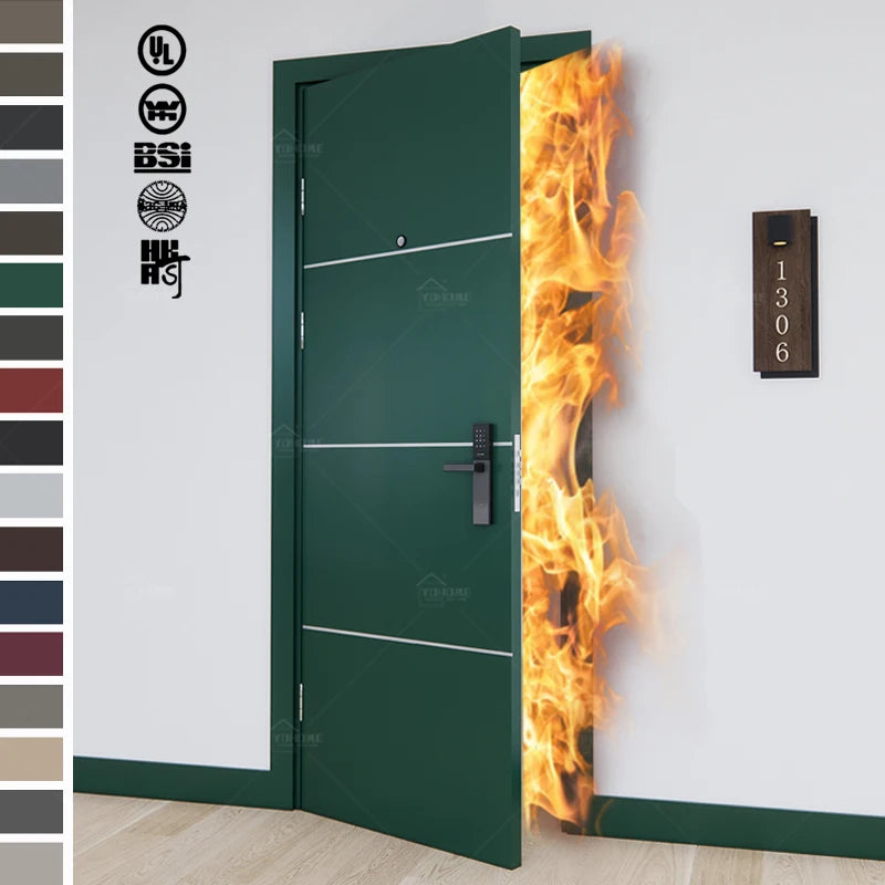 China Top Manufacturer Custom Modern Interior Fire Rated Doors Green Paint Internal Fire Doors Hotel Room Wood Door Fire Rating