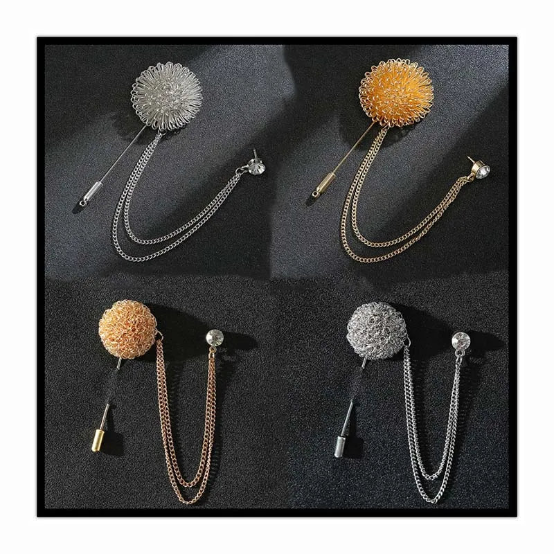 Retro Fashion Mens Bridegroom Long Pin Flower Ball Corsage Suit blazer Tuxedo Chain Lapel Brooches Luxury Crystal Rhinestone Pin