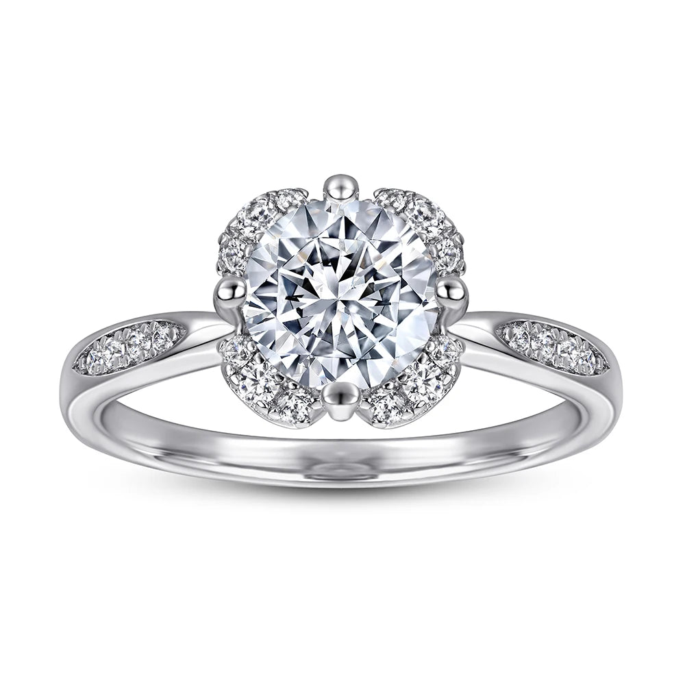 Wholesale Four-Petal Silver CZ Wedding Engagement Rings Fashion Bling with Rhodium Plating for Parties