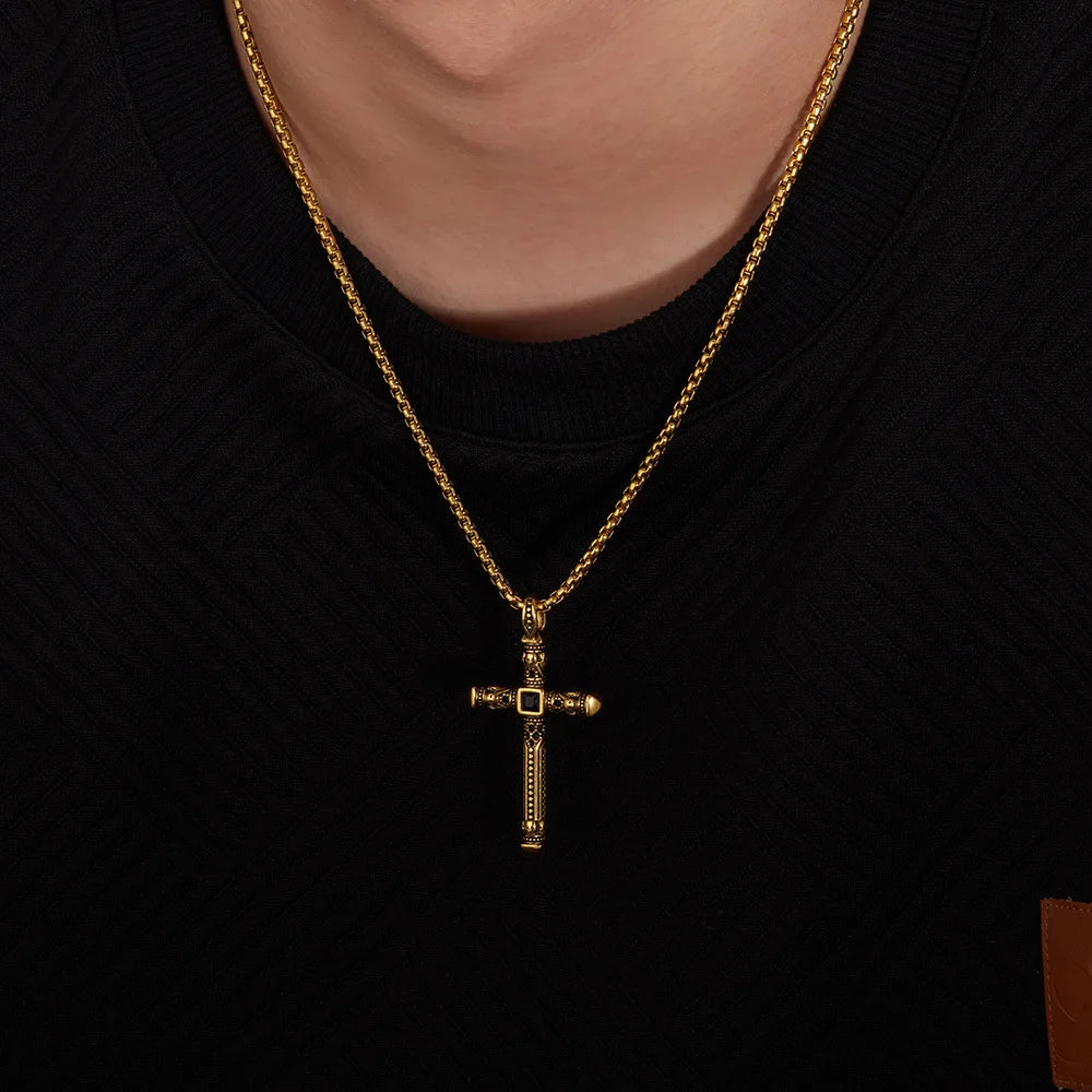 Men's Stainless Steel Retro Cross Pendant Necklace Personalized Gold Plated Hiphop Style Beads Pearl Chain Necklace