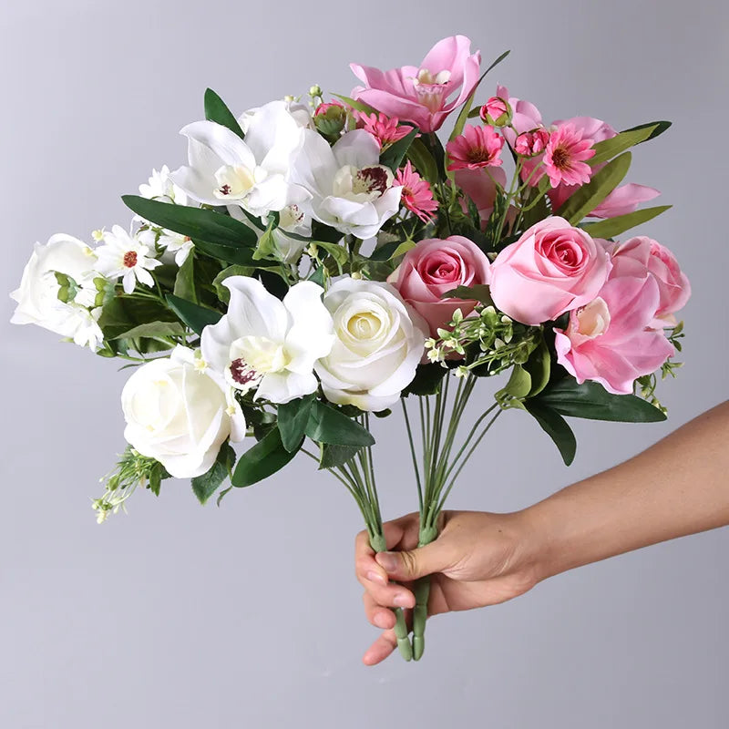 A105 Hot Selling Red White Real Touch 12 Heads Artificial Roses Wedding Bouquet for Graduation and Christmas Occasions