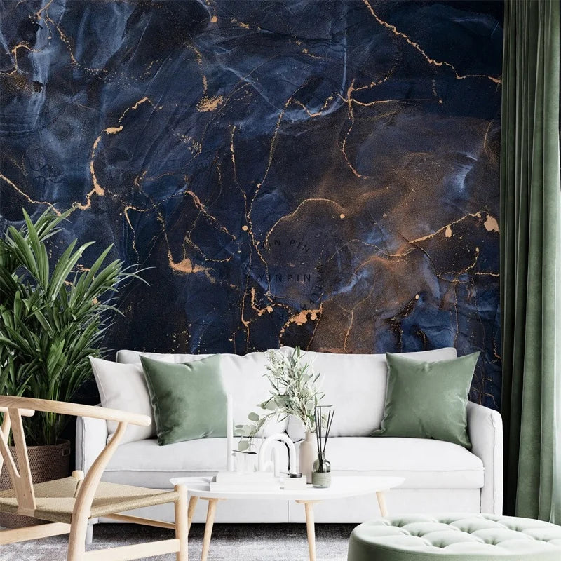 Dark Gold Silk Wallpaper Luxurious Navy Blue Classic Modern Living Room Anti-Static Moisture-Proof Mural