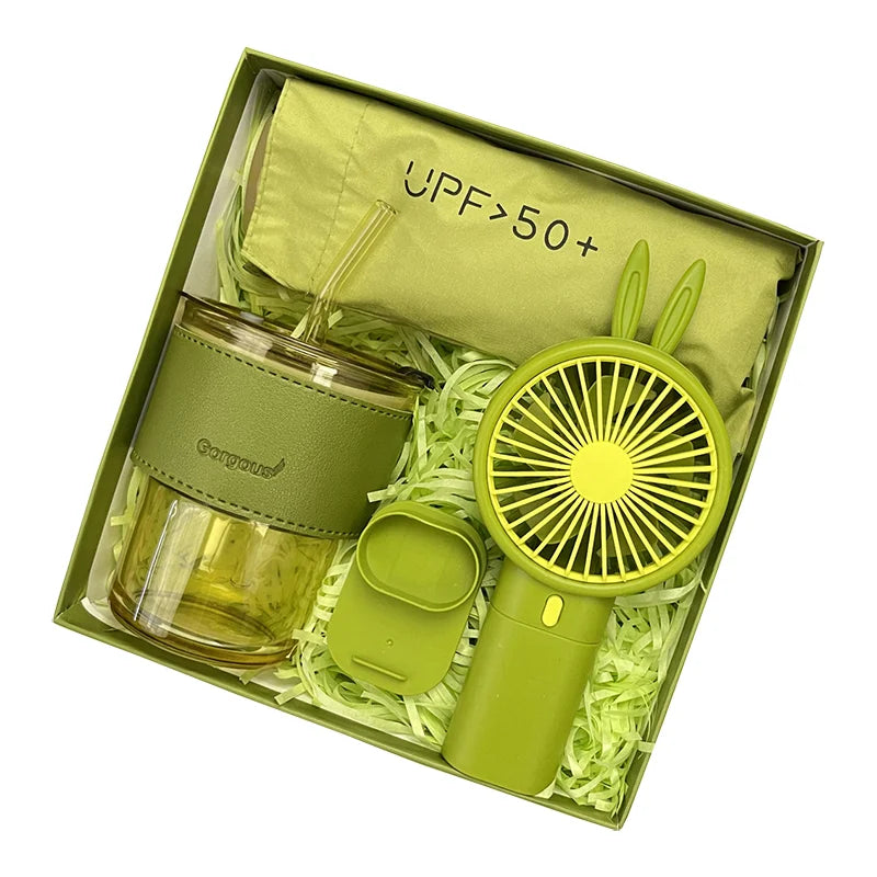 Hot Summer Personalized Stainless Steel Promotional Mini Fan and Umbrella Gift Set for Graduation Christmas & Chinese New Year