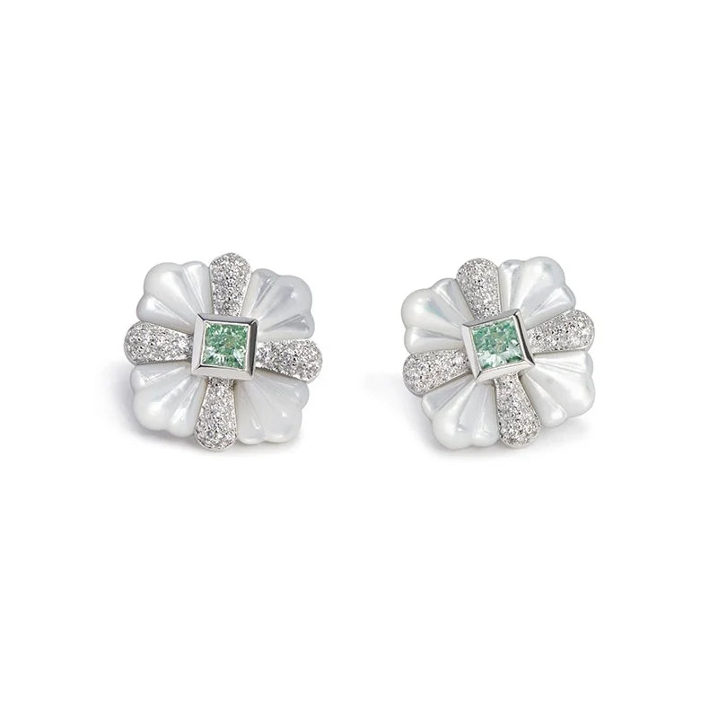 Aimgal Trendy Princess Square Stud Earrings: White Mother-of-Pearl & Paraiba Zircon 18K Gold-Plated 925 Silver Fine Jewelry