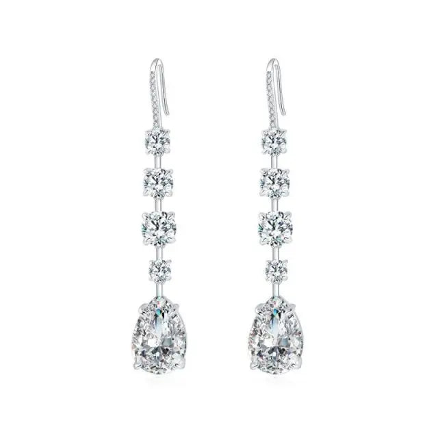 925 Sterling Silver Clear Pear Shape Diamond Earrings Water Drop Shape Long Drop Earring for Women