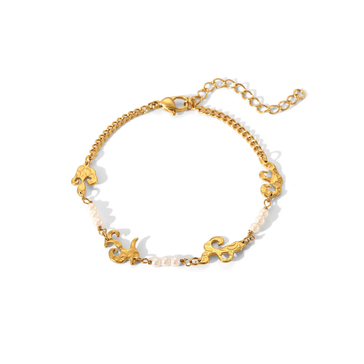 French Fashion Women's Stainless Steel Bracelet Vintage 18K Gold Plating Waterproof Non-Tarnish Pearl Chain Link Geometric