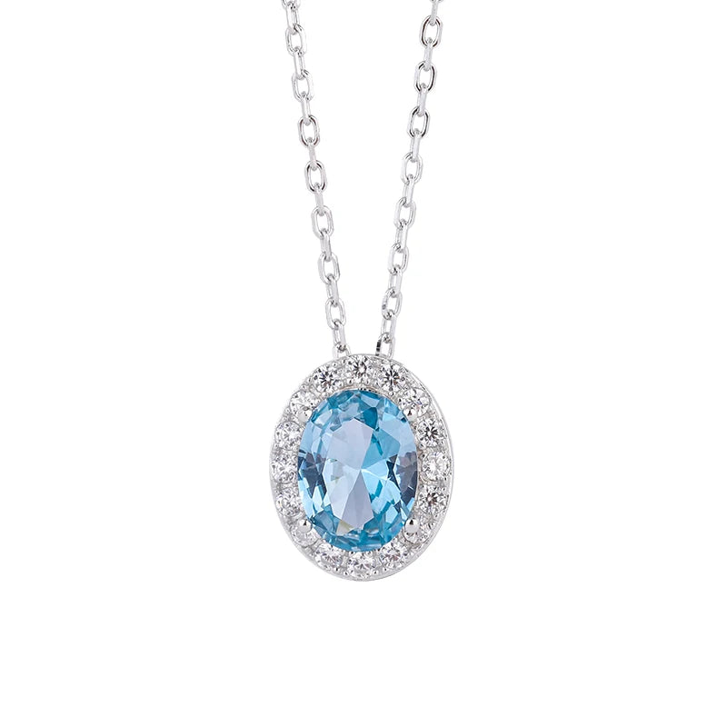 Wholesale New 925 Sterling Silver White Blue Gem halo Oval Pendant Women's Necklace Jewelry