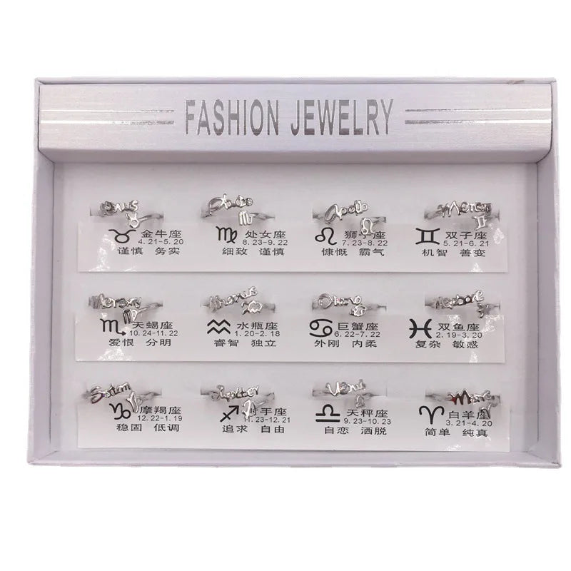 12Pieces/Lot Zodiac Rings Fashion Open Ring Lucky Best Friend Gift Gold Color Diamond Finger Ring Wholesale