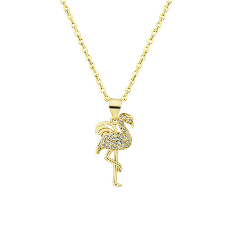 Women Jewelry Gold Plated Flamingo Animal Charm Diamond Necklaces MegaBDM