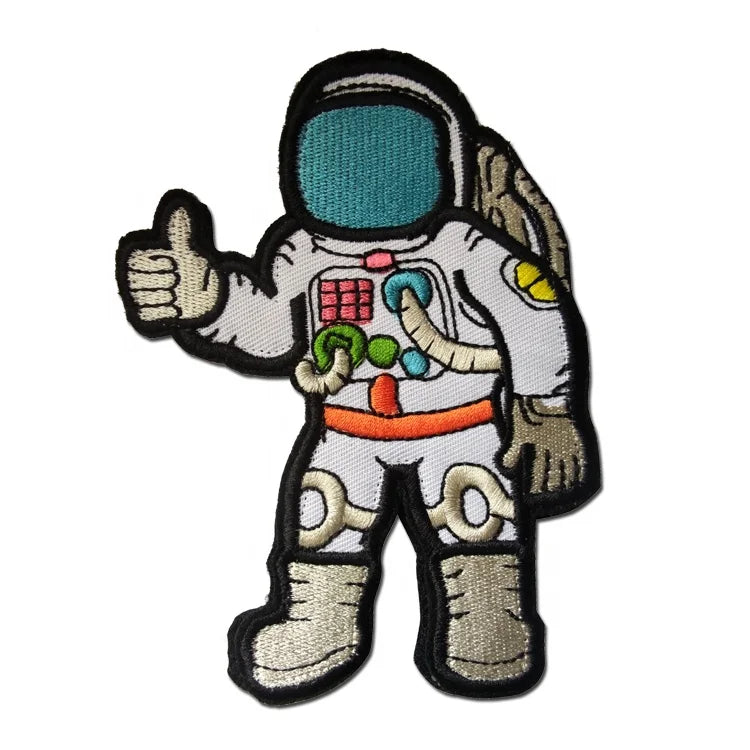 Customized Astronaut 3D Embroidery Patch with Lace Decoration Custom Color Hook and Loop Backing Sew-On Denim Fabric Patch