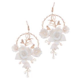 Circle Ceramic Flower Bridal Earrings Handmade Dangle Drop Earrings