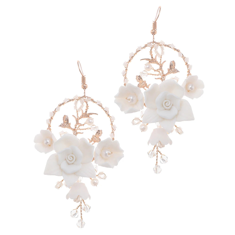 Circle Ceramic Flower Bridal Earrings Handmade Dangle Drop Earrings