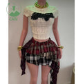 Trendy 2 Piece Skirt Sets Patchwork Short Sleeve T Shirts and Plaid Mini Skirt et Matching Women Two Piece Skirt Sets