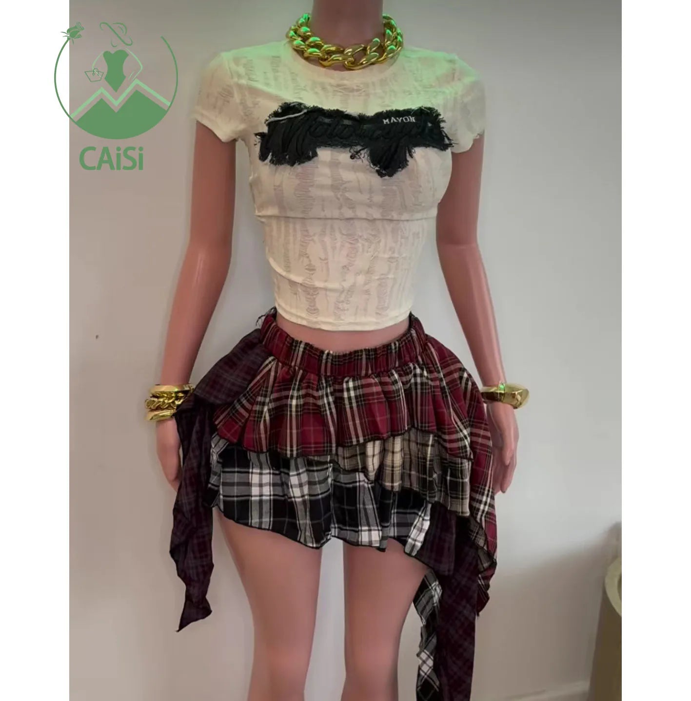 Trendy 2 Piece Skirt Sets Patchwork Short Sleeve T Shirts and Plaid Mini Skirt et Matching Women Two Piece Skirt Sets