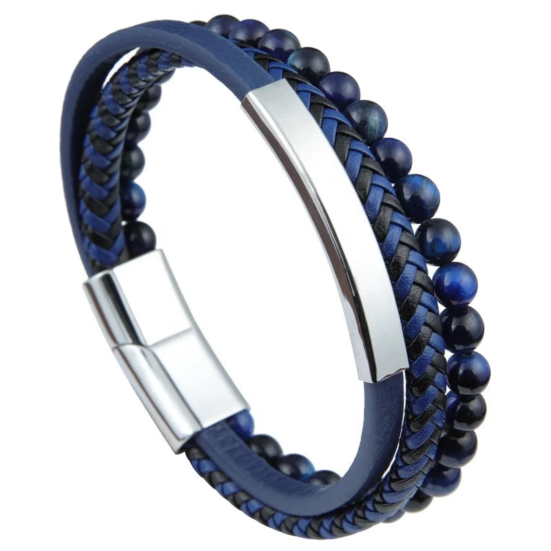 Fashion Hip-hop Round Bead Geometric Simple Natural Tiger's Eye Stone Volcanic Stone Men's Leather Rope Bracelet