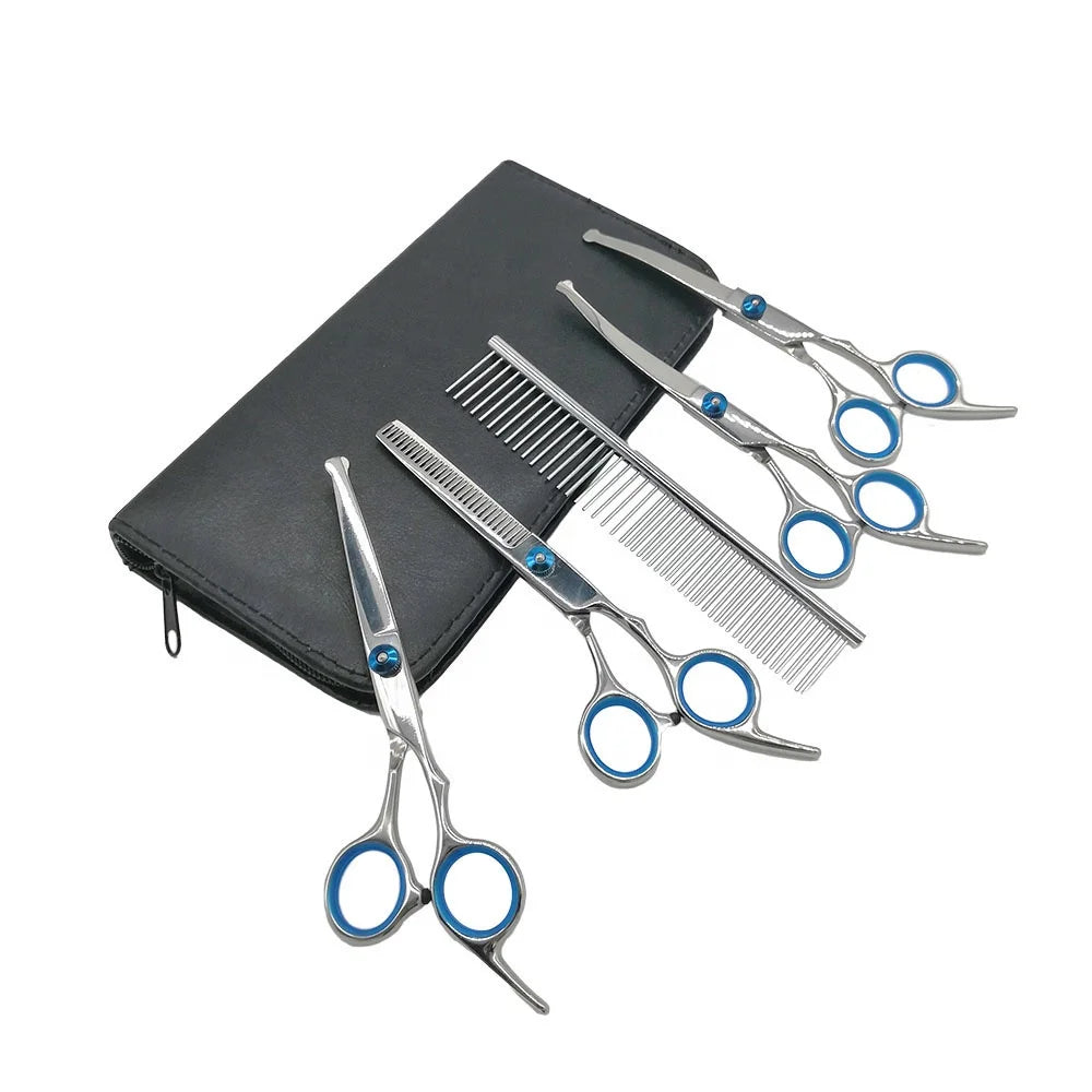 Professional Stainless Steel Pet Dog Grooming Scissors Kit Conveniently Includes Curved and Straight Thinning Scissors