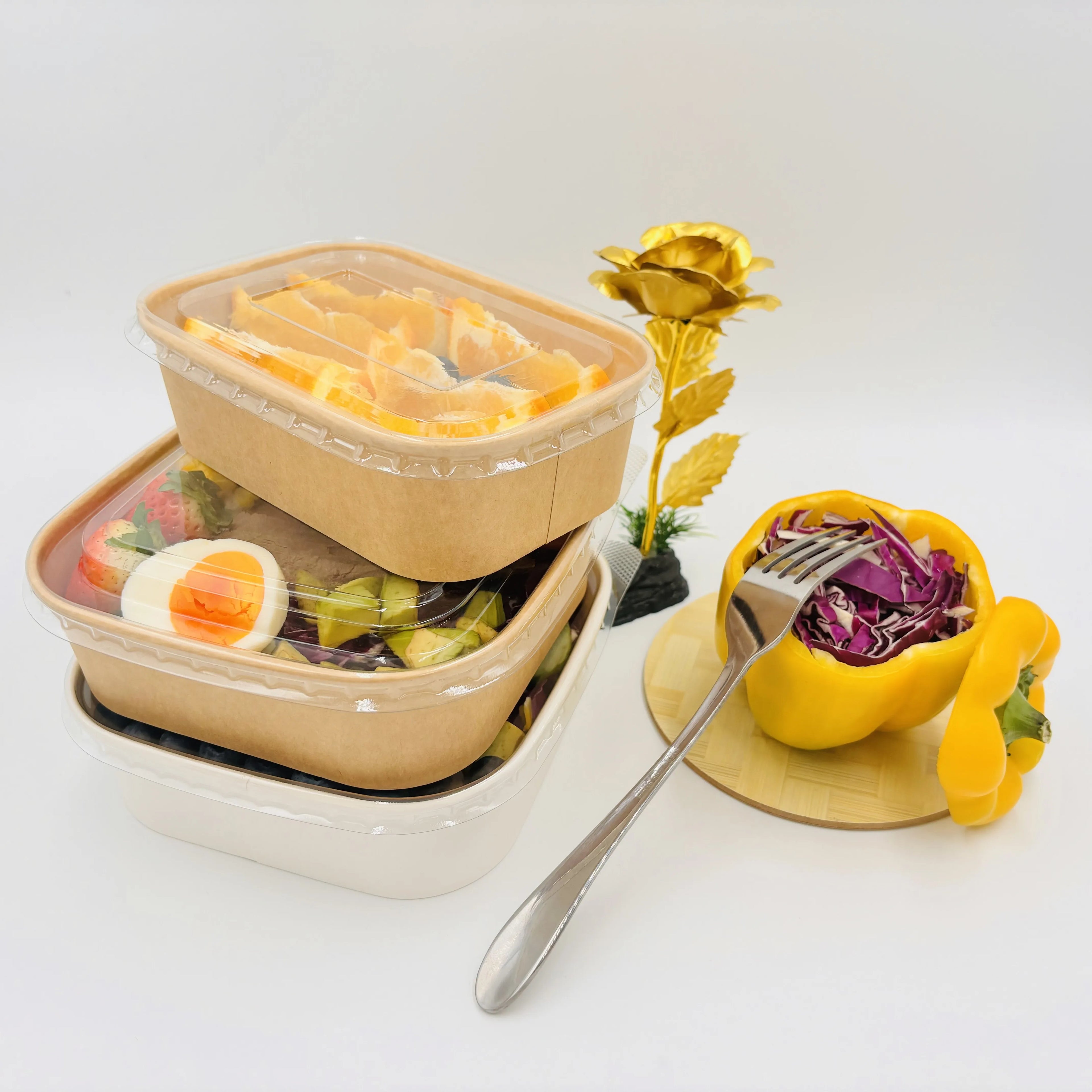 Eco-Friendly Disposable Take Away Brown Kraft Paper Bowls Square/Rectangular Food Safe Matt Lamination Made Recycled Materials