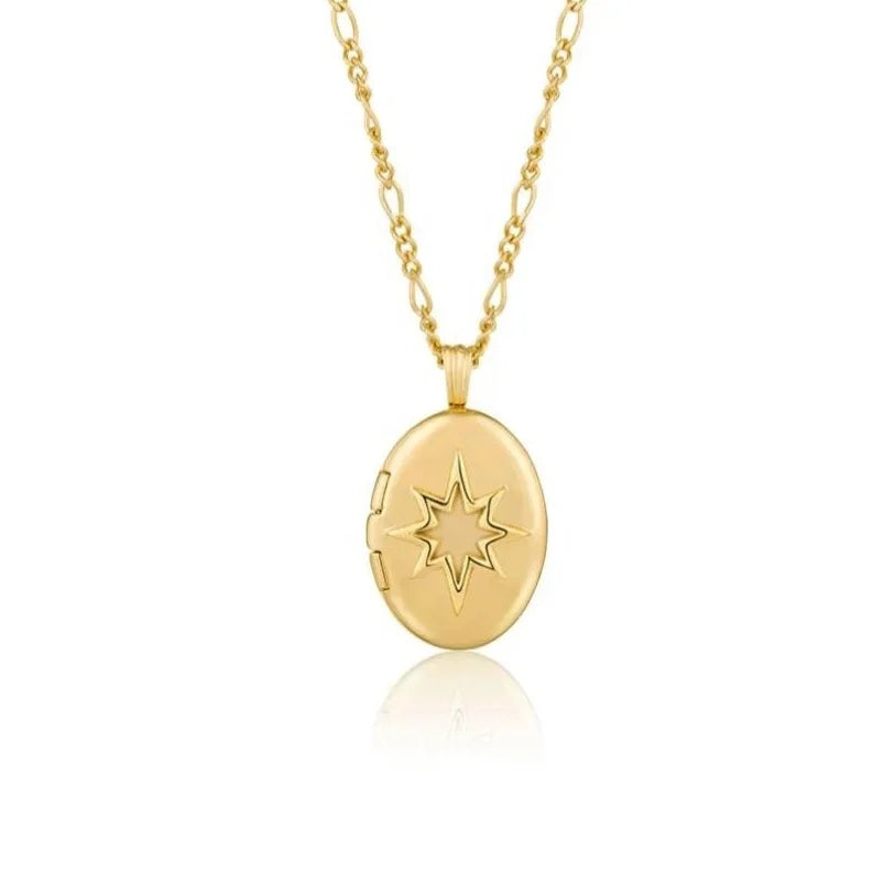 Gemnel 925 Silver Gold Plated Figaro Chain Oval Pendant starburst Locket Necklace Women