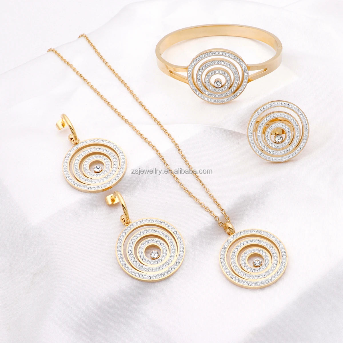 18K Gold Plated Nigerian Stainless Steel Jewelry Fine Cubic Zirconia Bracelet Set Geometric Stone Design Women Jewelry Sets