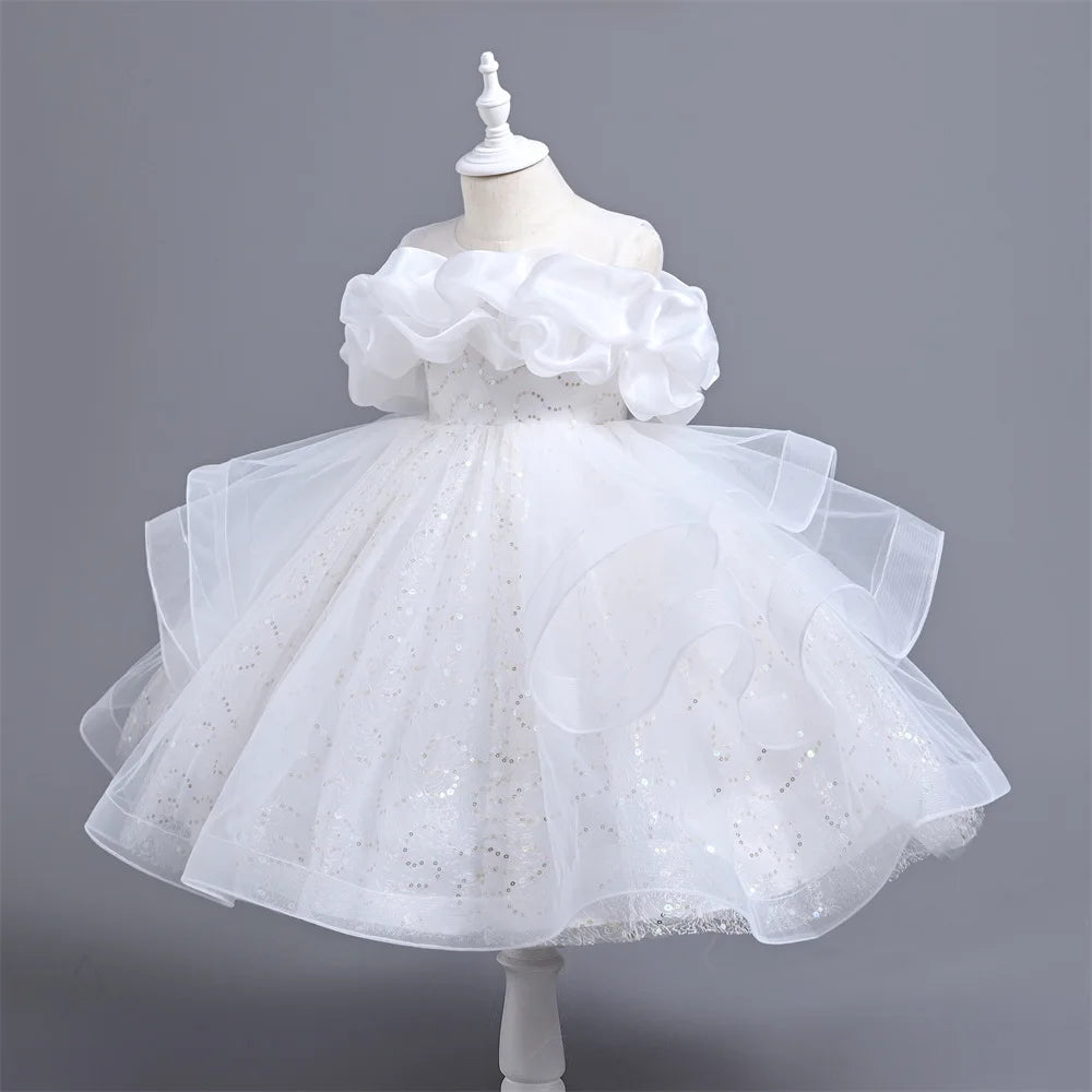 2024 New Fashion Birthday Princess Summer Girls Dress Summer Children White Yarn Dress Gauze Patchwork Dress