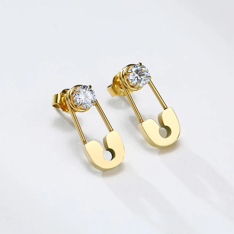 Personalized Creative Zircon Pin Paper Clips Shape Stainless Steel Gold Plated Fine Dangle Jewelry Stud Statement Earrings Women