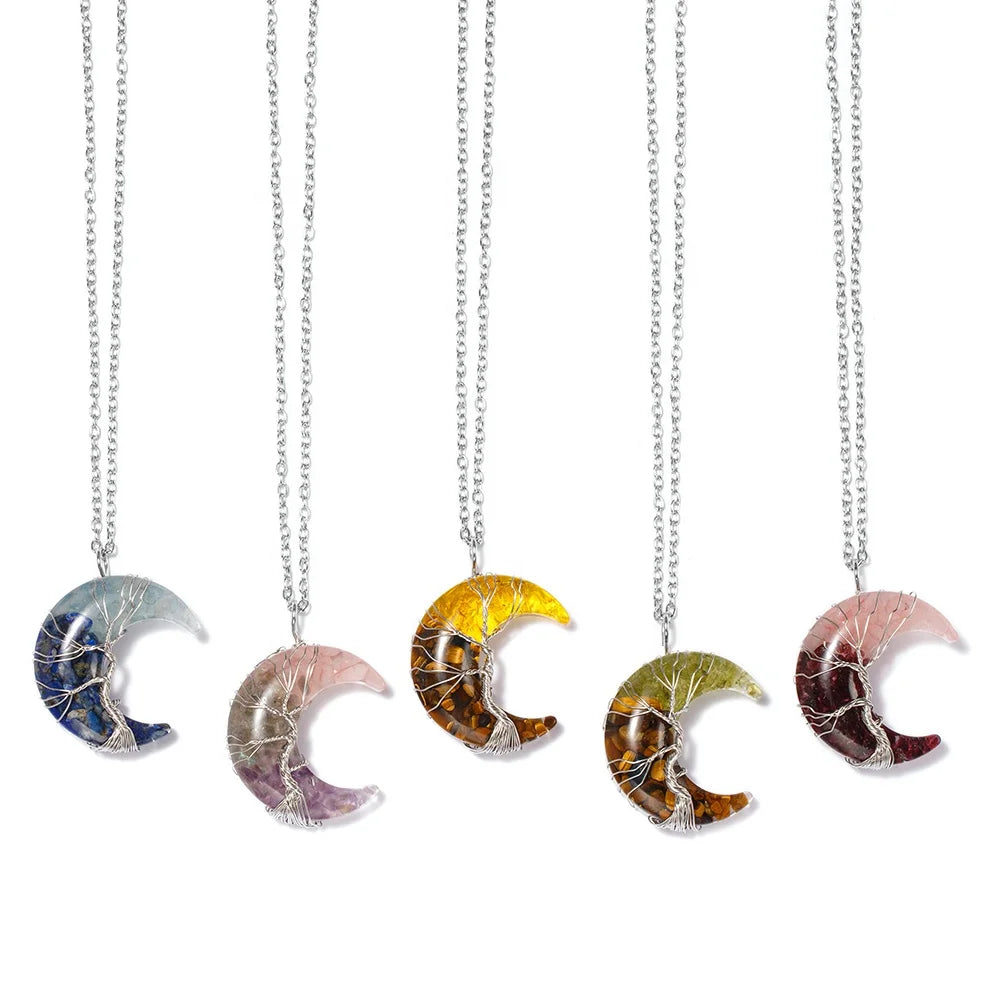 Handmade Wire Wrapped Crescent Moon Resin Pendant Necklace Chakra Natural Healing Crystal Stone Pendant Necklace