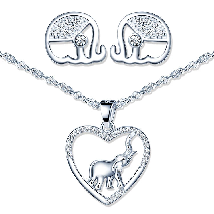 925 Silver Elephant Stud Earrings Necklaces Jewelry Sets for Women